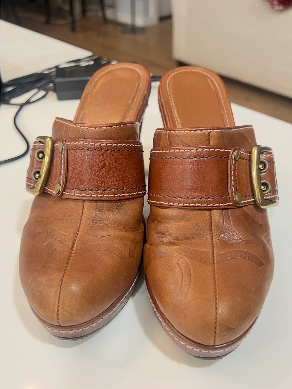 Coach Leather Slip-On Mules in Cognac Brown wwith Buckle Detail